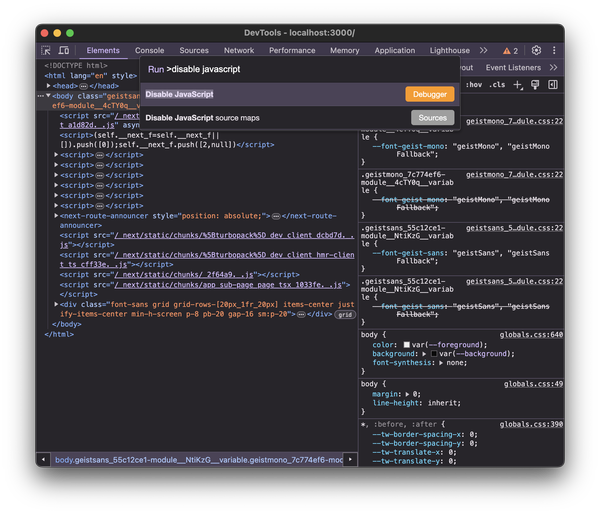 Disable JavaScript via the Chrome DevTools