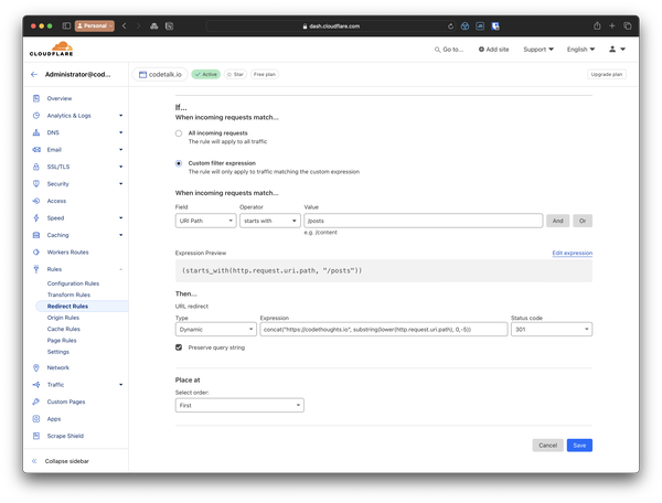 The Redirect Rules entry for dynamically redirecting the incoming requests