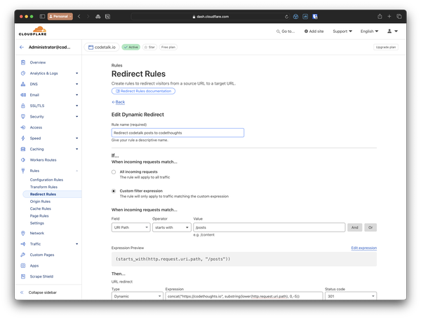 The Redirect Rules entry for catching incoming requests